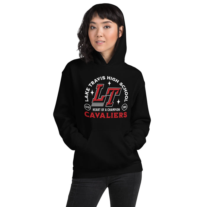 Woman wearing Lake Travis High School Cavaliers Black Classic Unisex Hoodie 208