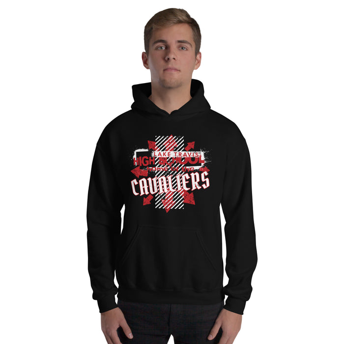 Man wearing Lake Travis High School Cavaliers Black Classic Unisex Hoodie 210