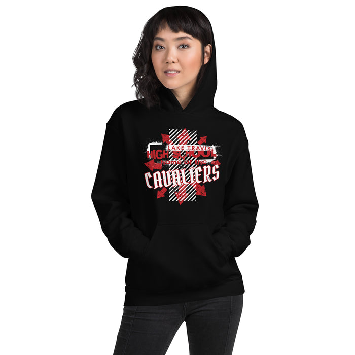 Woman wearing Lake Travis High School Cavaliers Black Classic Unisex Hoodie 210