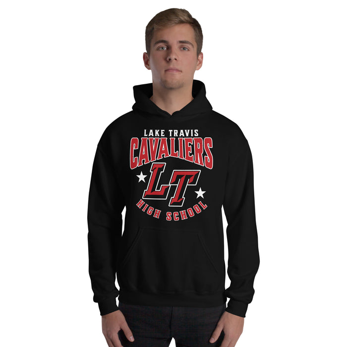 Man wearing Lake Travis High School Cavaliers Black Classic Unisex Hoodie 213