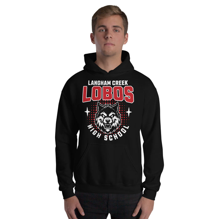 Man wearing Langham Creek High School Lobos Black Classic Unisex Hoodie 204