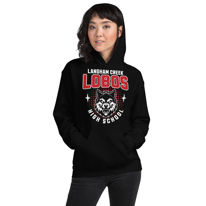 Woman wearing Langham Creek High School Lobos Black Classic Unisex Hoodie 204