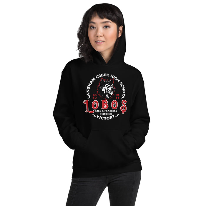 Woman wearing Langham Creek High School Lobos Black Classic Unisex Hoodie 206