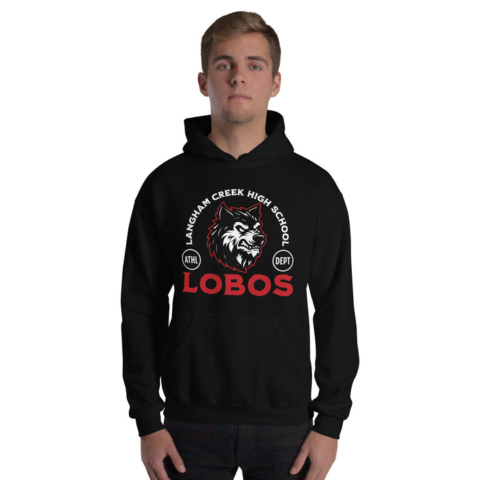 Man wearing Langham Creek High School Lobos Black Classic Unisex Hoodie 208