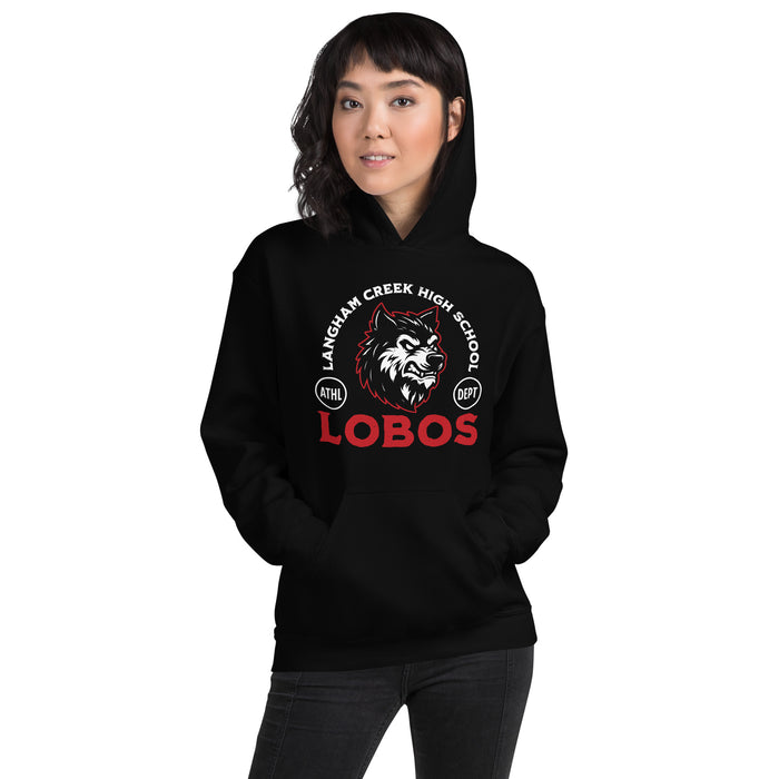 Woman wearing Langham Creek High School Lobos Black Classic Unisex Hoodie 208