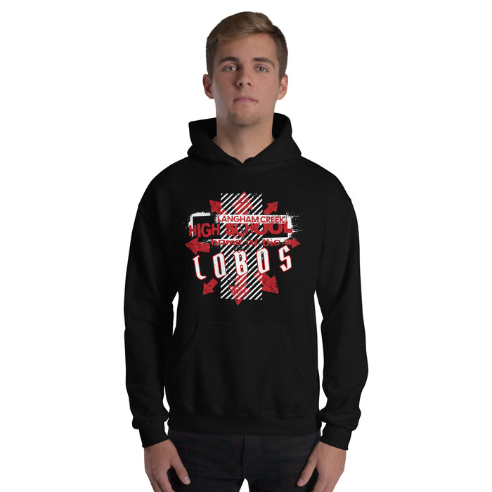 Man wearing Langham Creek High School Lobos Black Classic Unisex Hoodie 210