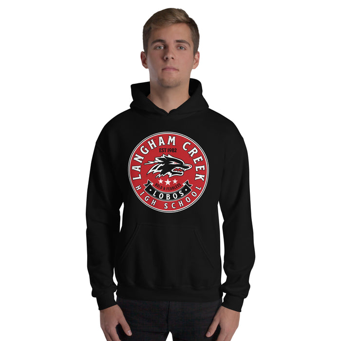 Man wearing Langham Creek High School Lobos Black Classic Unisex Hoodie 215