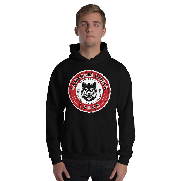 Man wearing Langham Creek High School Lobos Black Classic Unisex Hoodie 216