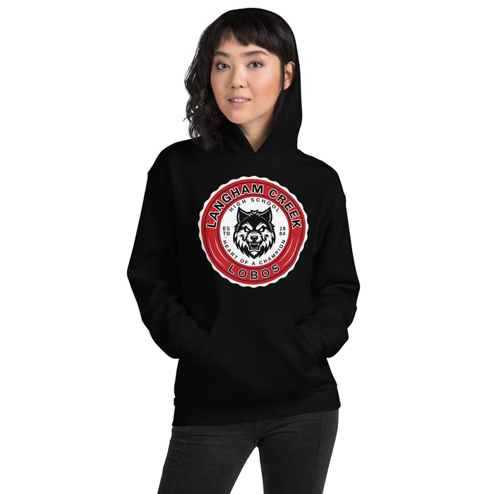 Woman wearing Langham Creek High School Lobos Black Classic Unisex Hoodie 216