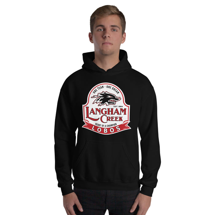 Man wearing Langham Creek High School Lobos Black Classic Unisex Hoodie 219