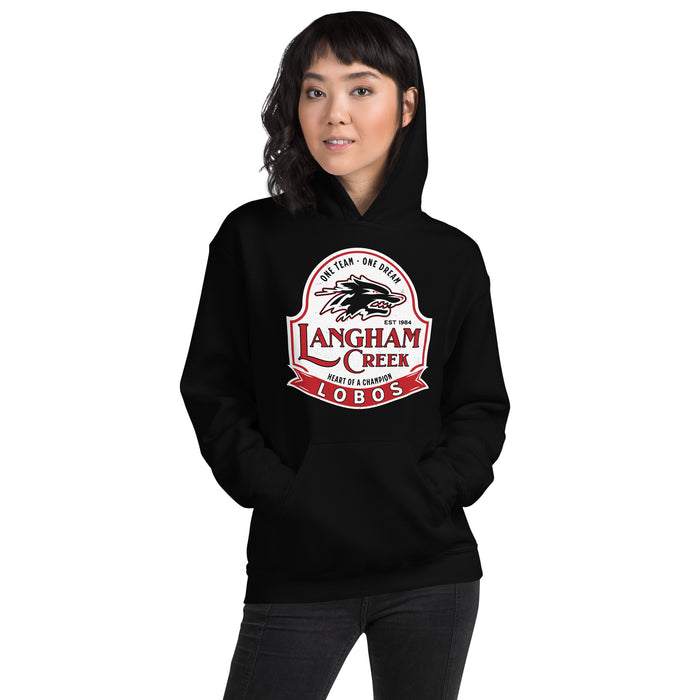 Woman wearing Langham Creek High School Lobos Black Classic Unisex Hoodie 219