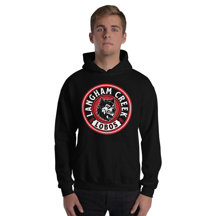 Man wearing Langham Creek High School Lobos Black Classic Unisex Hoodie 220