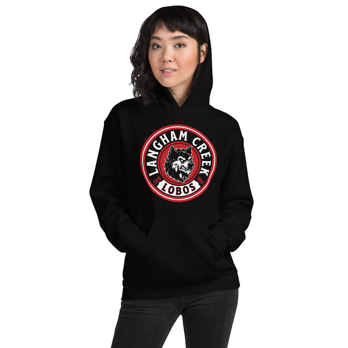 Woman wearing Langham Creek High School Lobos Black Classic Unisex Hoodie 220