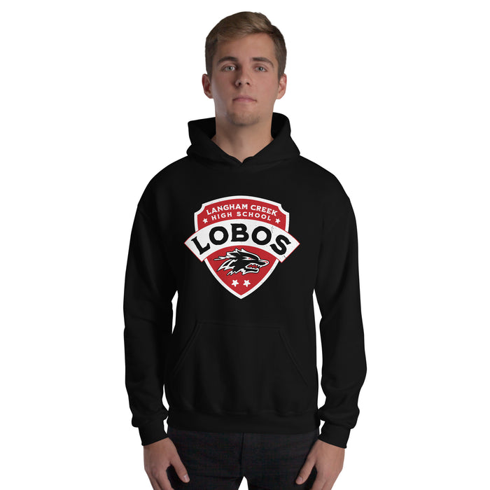 Man wearing Langham Creek High School Lobos Black Classic Unisex Hoodie 221