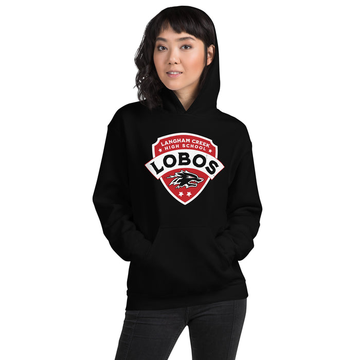 Woman wearing Langham Creek High School Lobos Black Classic Unisex Hoodie 221