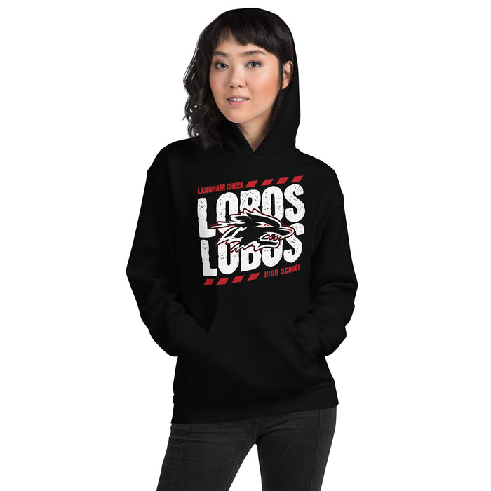 Woman wearing Langham Creek High School Lobos Black Classic Unisex Hoodie 223