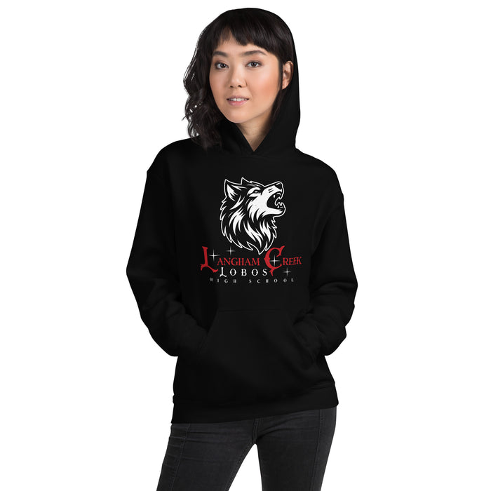 Woman wearing Langham Creek High School Lobos Black Classic Unisex Hoodie 224