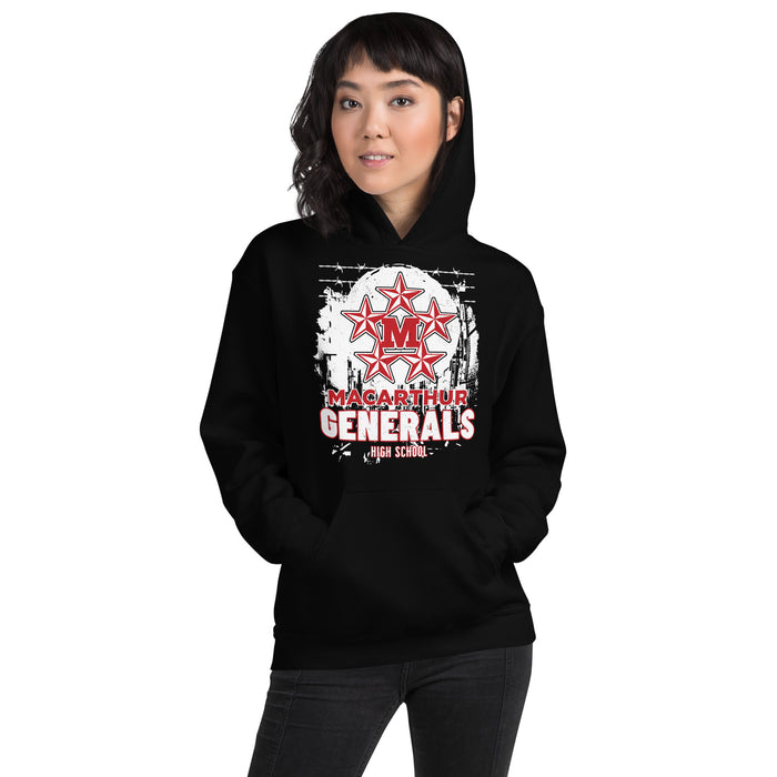 Woman wearing MacArthur High School Generals Black Classic Unisex Hoodie 202