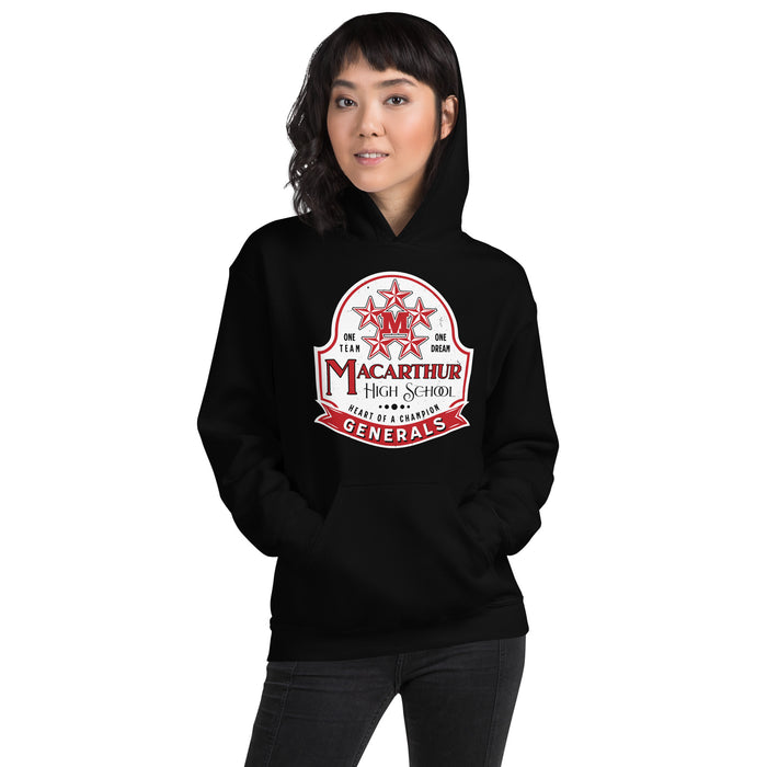 Woman wearing MacArthur High School Generals Black Classic Unisex Hoodie 219