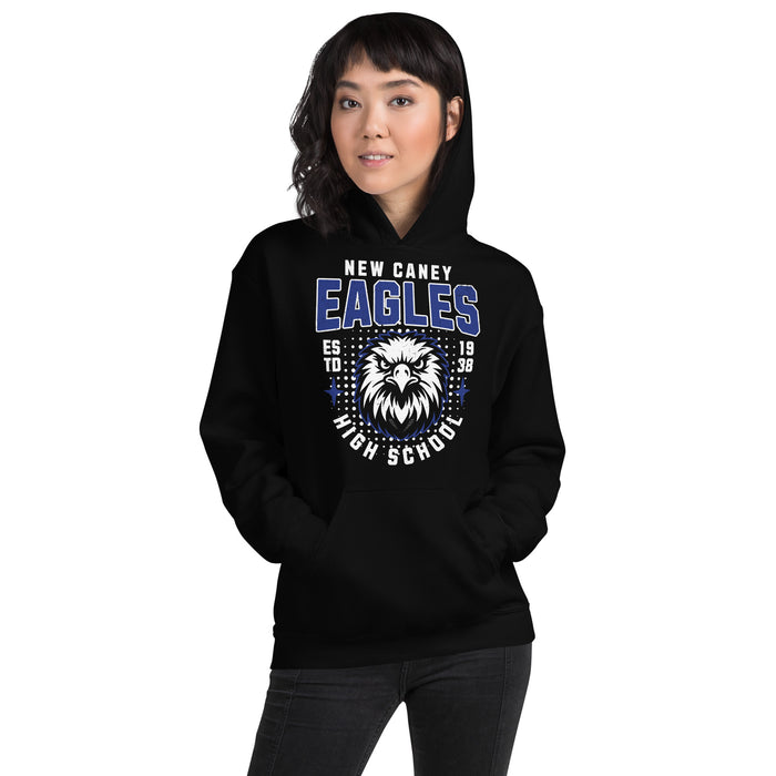 Woman wearing New Caney High School Eagles Black Classic Unisex Hoodie 204