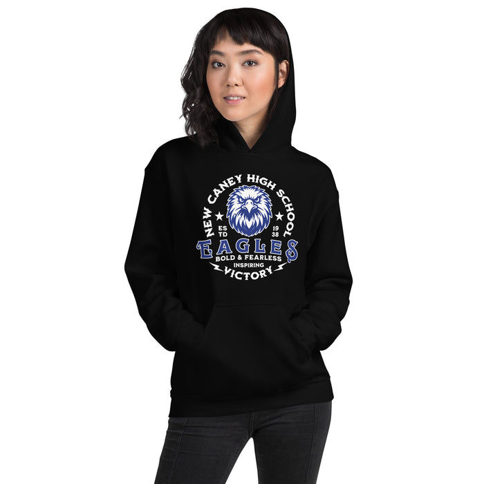 Woman wearing New Caney High School Eagles Black Classic Unisex Hoodie 206