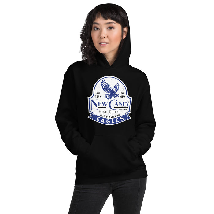 Woman wearing New Caney High School Eagles Black Classic Unisex Hoodie 219