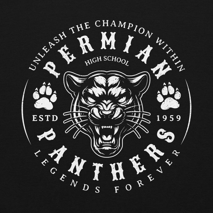 Close-up view of Permian High School Panthers Black Premium Unisex T-shirt 214