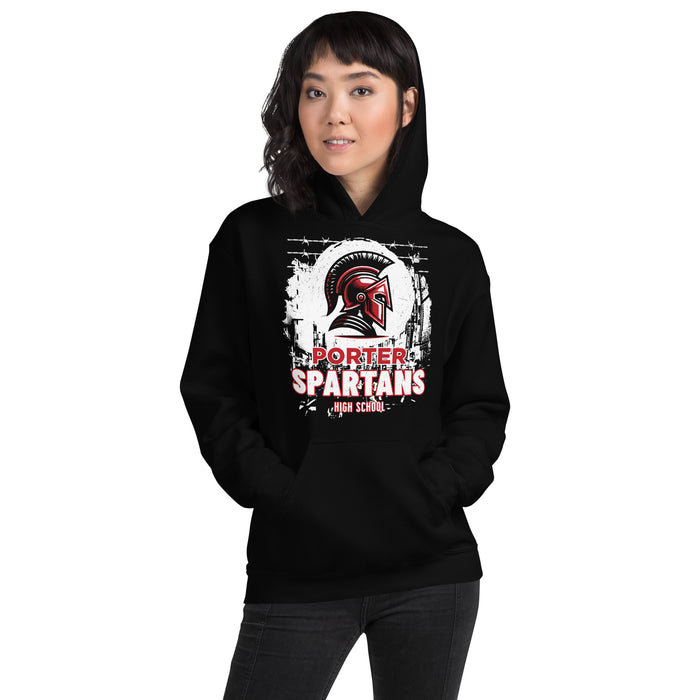 Woman wearing Porter High School Spartans Black Classic Unisex Hoodie 202