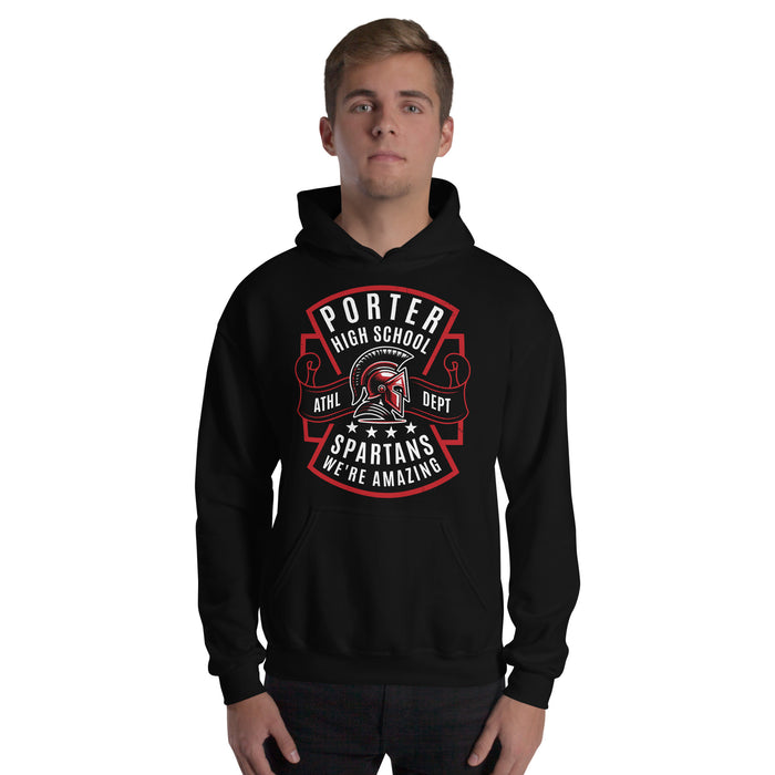 Man wearing Porter High School Spartans Black Classic Unisex Hoodie 207