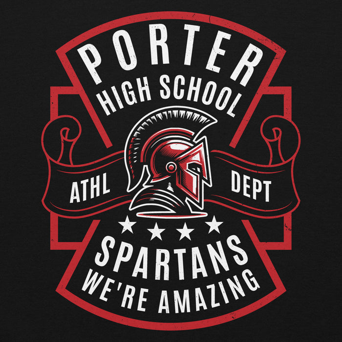 Close-up view of Porter High School Spartans Black Classic Unisex Hoodie 207