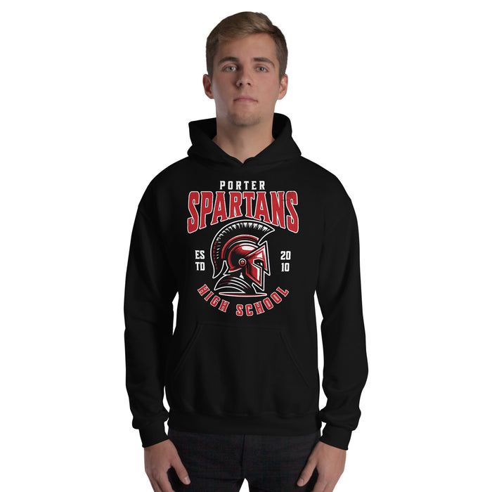 Man wearing Porter High School Spartans Black Classic Unisex Hoodie 213