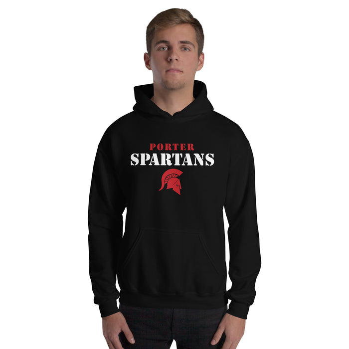 Man wearing Porter High School Spartans Black Classic Unisex Hoodie 222