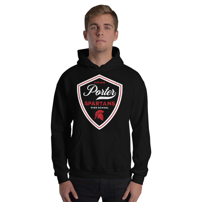 Man wearing Porter High School Spartans Black Classic Unisex Hoodie 225