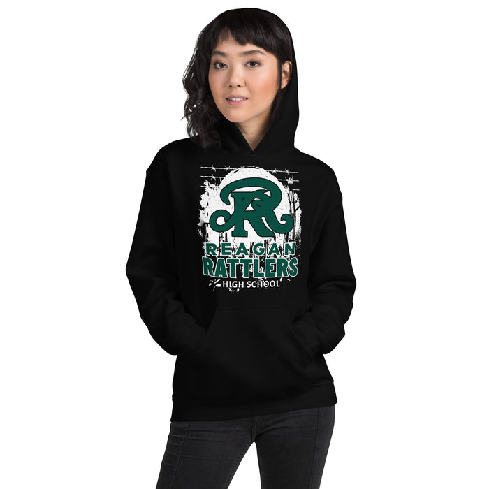 Woman wearing Reagan High School Rattlers Black Classic Unisex Hoodie 202