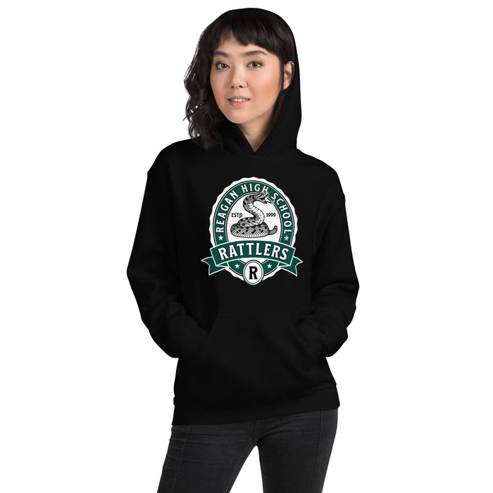 Woman wearing Reagan High School Rattlers Black Classic Unisex Hoodie 212