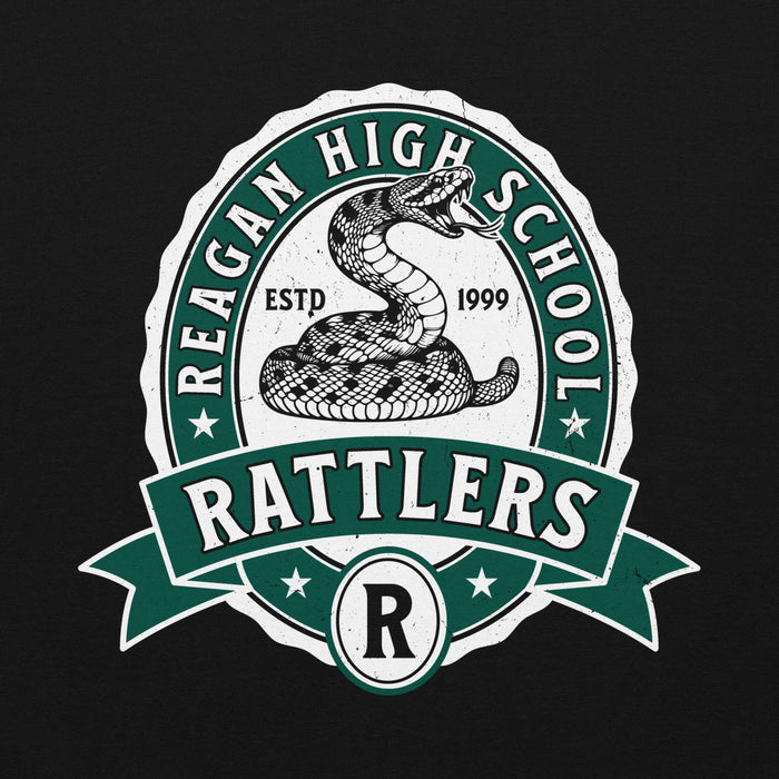 Close-up view of Reagan High School Rattlers Black Classic Unisex Hoodie 212