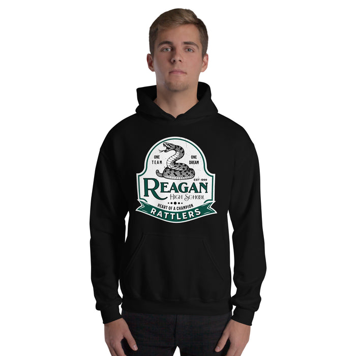 Man wearing Reagan High School Rattlers Black Classic Unisex Hoodie 219