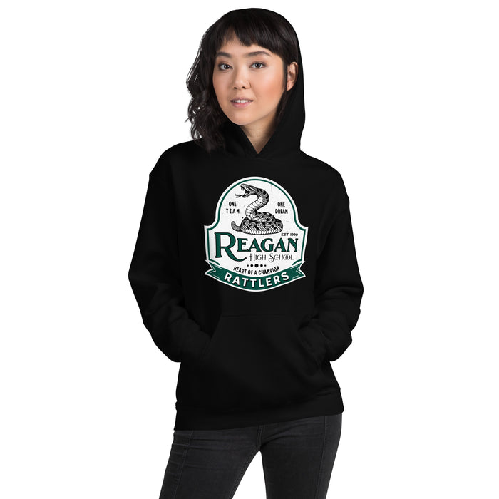 Woman wearing Reagan High School Rattlers Black Classic Unisex Hoodie 219