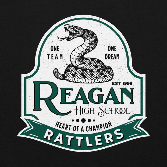 Close-up view of Reagan High School Rattlers Black Classic Unisex Hoodie 219