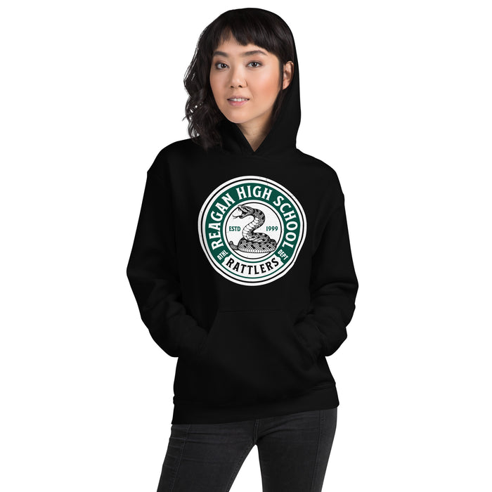 Woman wearing Reagan High School Rattlers Black Classic Unisex Hoodie 220