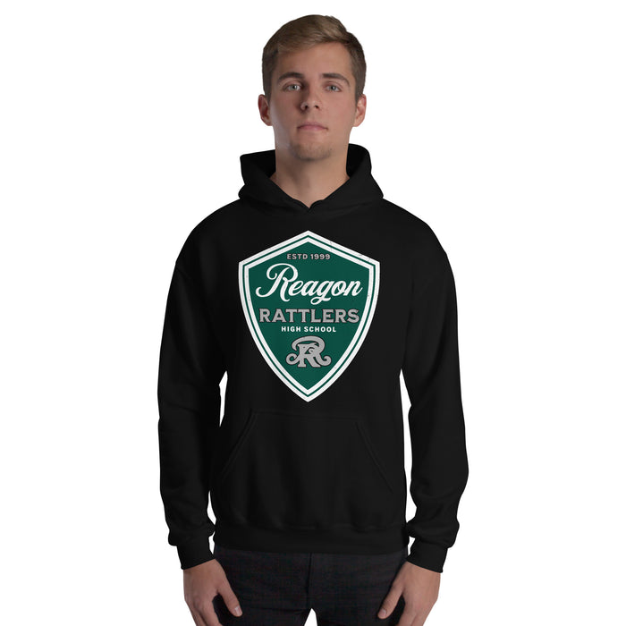 Man wearing Reagan High School Rattlers Black Classic Unisex Hoodie 225