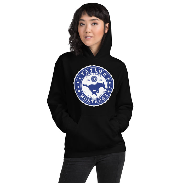 Woman wearing Taylor High School Mustangs Black Classic Unisex Hoodie 216