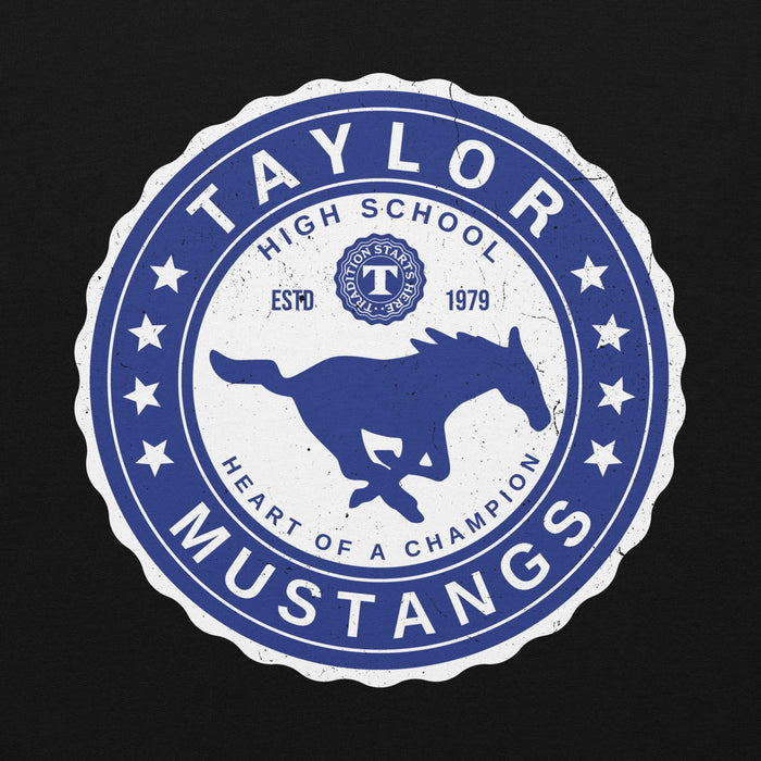 Close-up view of Taylor High School Mustangs Black Classic Unisex Hoodie 216