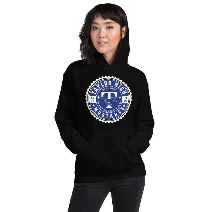 Woman wearing Taylor High School Mustangs Black Classic Unisex Hoodie 203