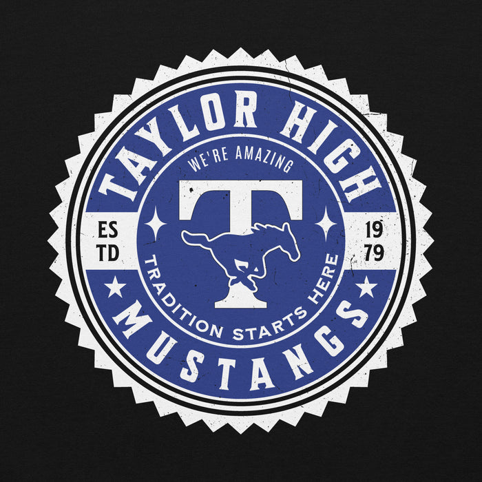 Close-up view of Taylor High School Mustangs Black Classic Unisex Hoodie 203