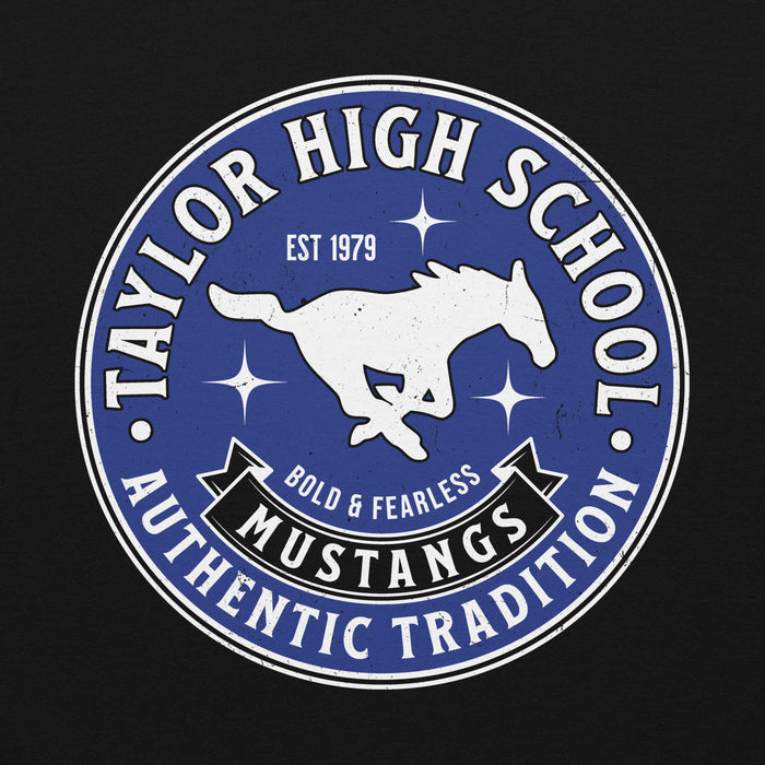 Close-up view of Taylor High School Mustangs Black Classic Unisex Hoodie 215