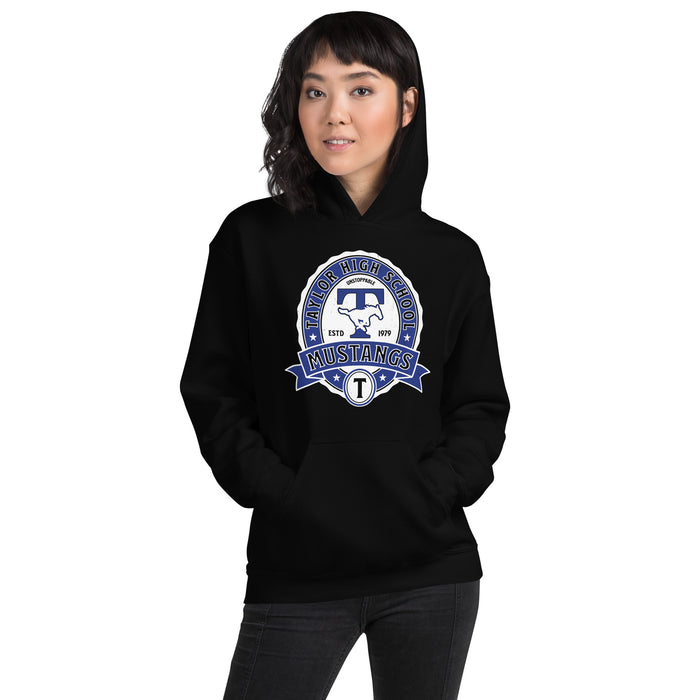 Woman wearing Taylor High School Mustangs Black Classic Unisex Hoodie 212