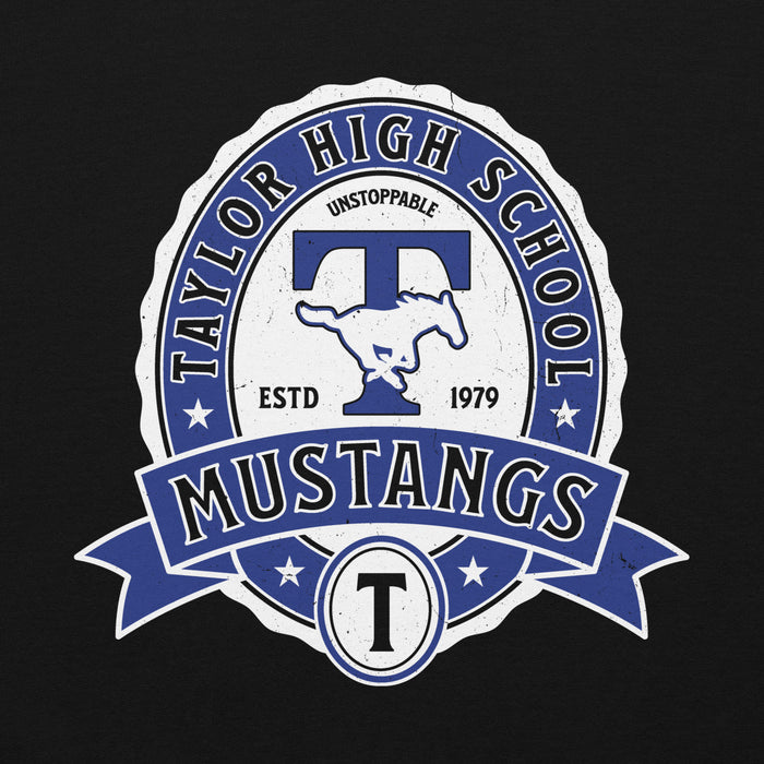 Close-up view of Taylor High School Mustangs Black Classic Unisex Hoodie 212