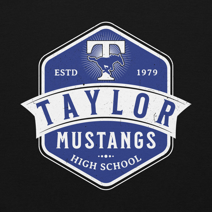 Close-up view of Taylor High School Mustangs Black Classic Unisex Hoodie 226