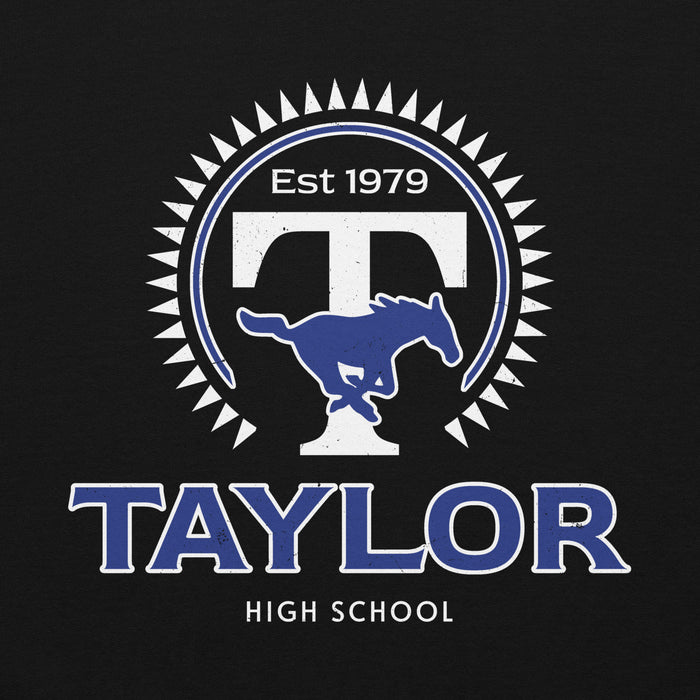 Close-up view of Taylor High School Mustangs Black Classic Unisex Hoodie 226